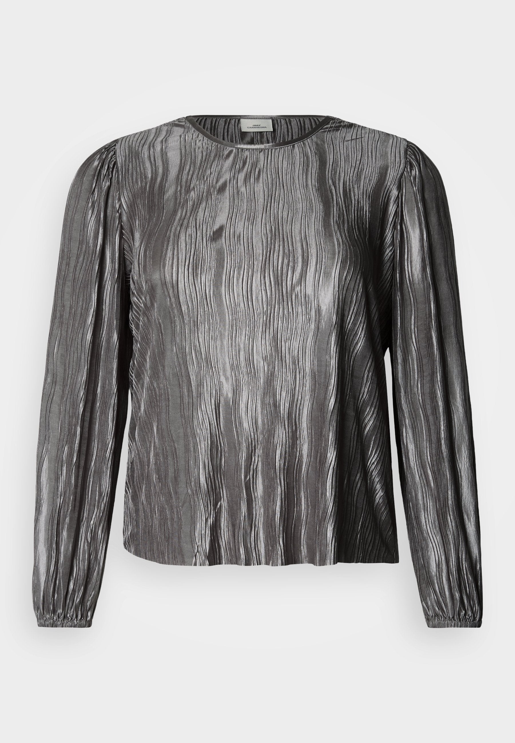 Silberne Langarmbluse mit wellenförmigem, strukturiertem Design, einem rundem Ausschnitt und elastischen Bündchen. Glatter, glänzender Stoff.