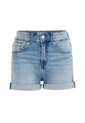 Hellblaue Jeansshorts mit hoher Taille, umgeschlagenen Säumen, fünf Taschen und einem Knopfverschluss vorne. Ausgebleichter Textur mit klassischem Design.