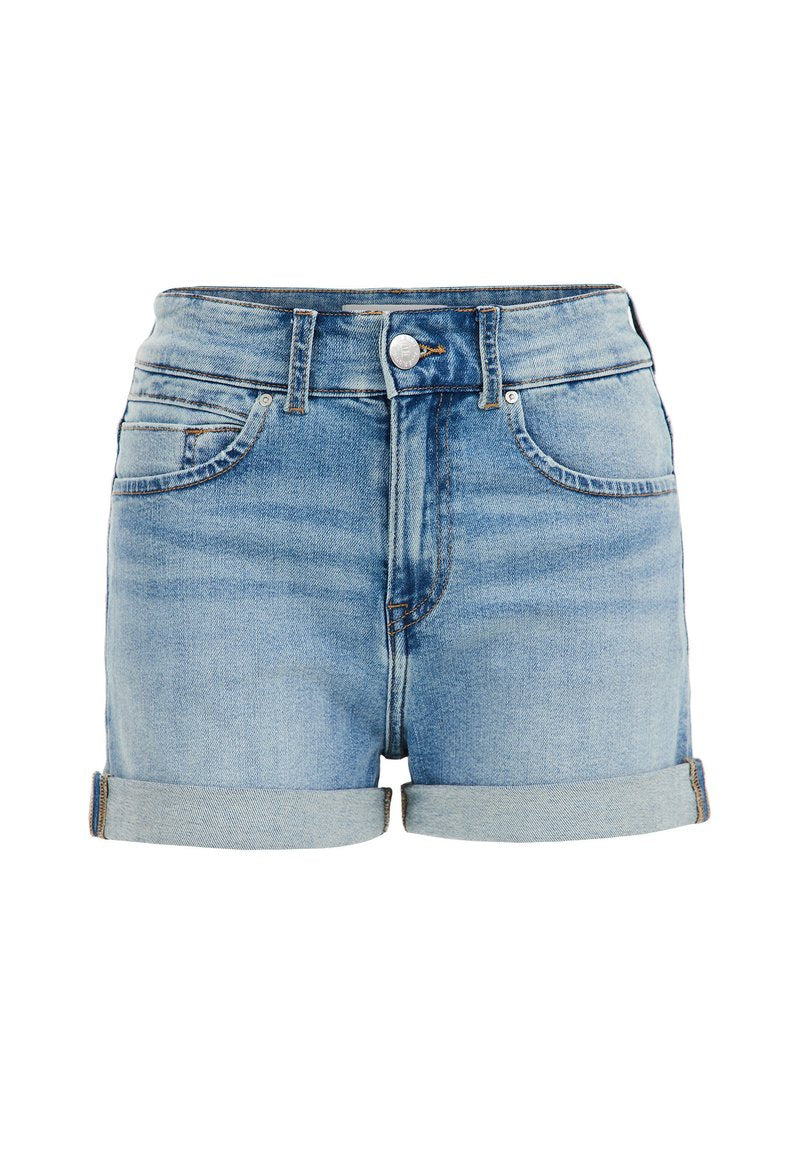 Hellblaue Jeansshorts mit hoher Taille, umgeschlagenen Säumen, fünf Taschen und einem Knopfverschluss vorne. Ausgebleichter Textur mit klassischem Design.