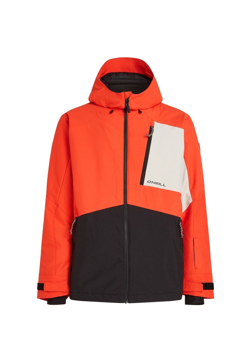 Helle orange und schwarze wasserdichte Jacke mit einer weißen Brusttasche, einstellbarem Kapuze, Reißverschluss und Handgelenkriemen für einen sicheren Sitz.