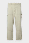 Beige Cargo-Hosen aus Baumwolle mit mehreren Taschen, verstärkten Knien und geraden Beinen. Sie verfügen über einen Knopfverschluss und Gürtelschlaufen.