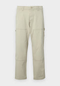 Beige Cargo-Hosen aus Baumwolle mit mehreren Taschen, verstärkten Knien und geraden Beinen. Sie verfügen über einen Knopfverschluss und Gürtelschlaufen.