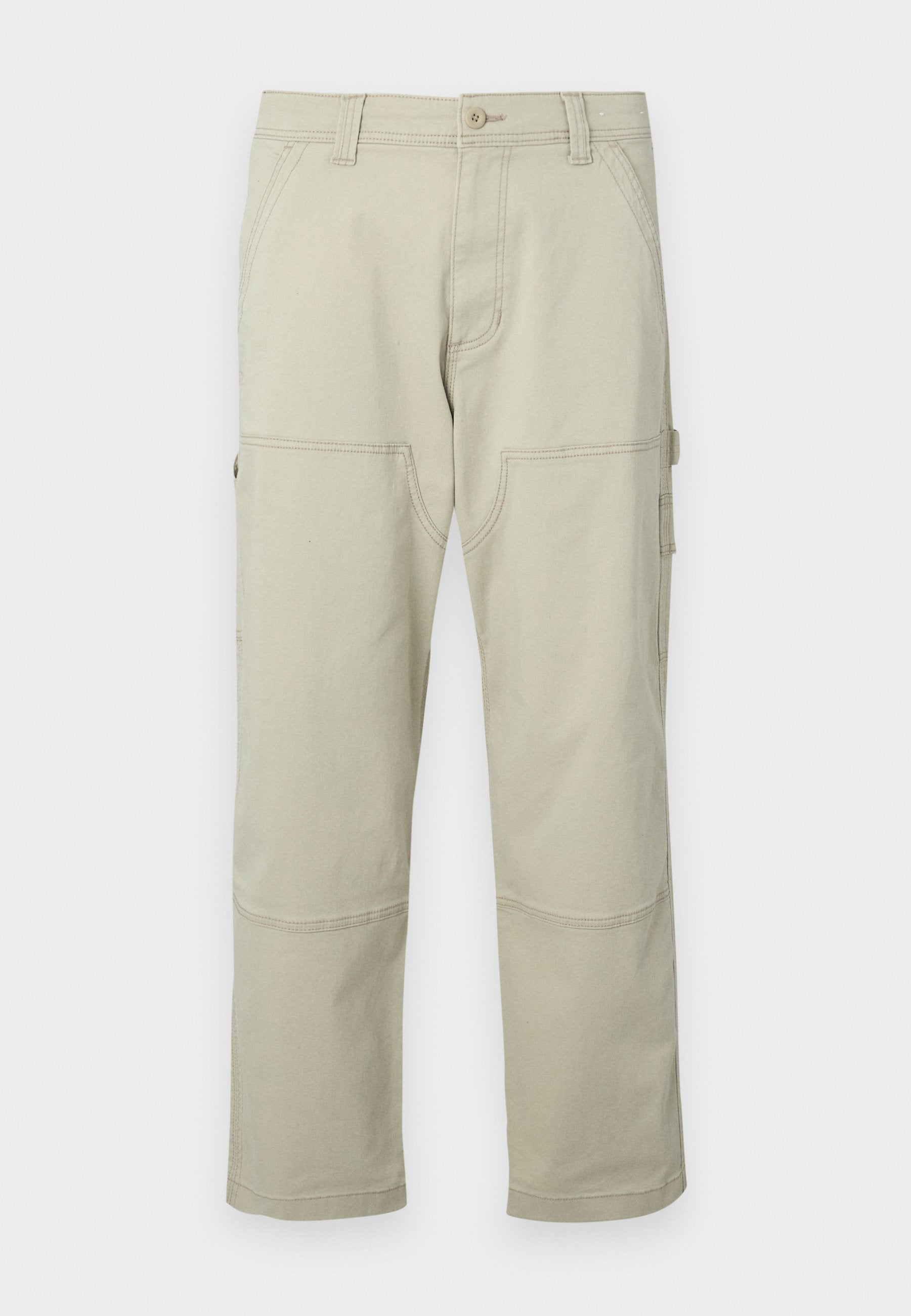 Beige Cargo-Hosen aus Baumwolle mit mehreren Taschen, verstärkten Knien und geraden Beinen. Sie verfügen über einen Knopfverschluss und Gürtelschlaufen.
