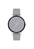 Grau silikonarmbanduhr mit rundem grauem Zifferblatt, silbernen Akzenten und einer schwarzen marmorierten Lünette; minimalistisches Design ohne numerische Markierungen.