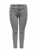 Graue hochgeschnittene Skinny-Jeans mit fünf-Knopf-Verschluss, Fronttaschen, eng anliegend bis zu den Beinen und leicht verwaschenem Stoff.