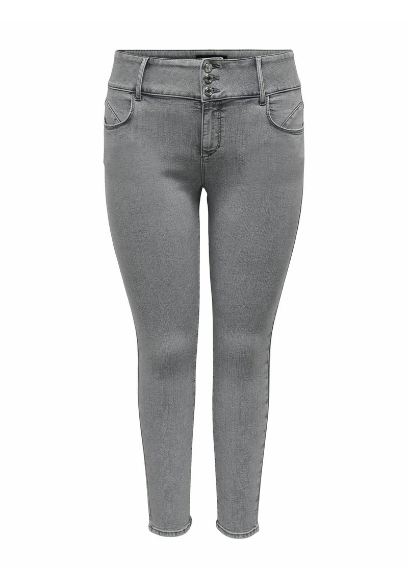 Graue hochgeschnittene Skinny-Jeans mit fünf-Knopf-Verschluss, Fronttaschen, eng anliegend bis zu den Beinen und leicht verwaschenem Stoff.