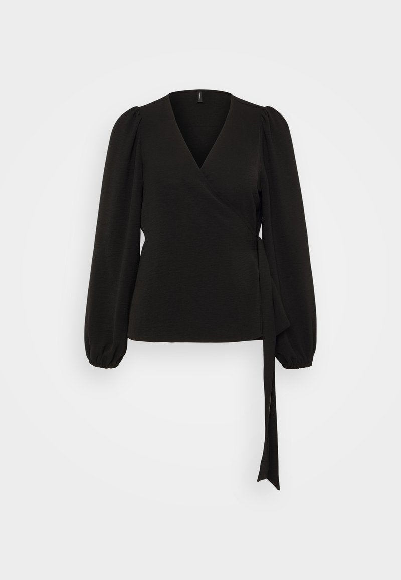Schwarzes Wickeloberteil mit langen, puffärmeligen Ärmeln, einem V-Ausschnitt und einem Bindeband an der Taille. Glatte Textur mit einer taillierten Silhouette.