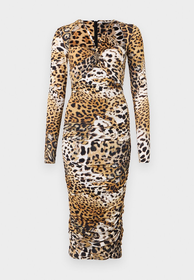 Langärmliges Kleid mit Leopardenmuster, Raffung und rundem Ausschnitt. Hergestellt aus einem dehnbaren Stoff, mit einem Reißverschluss hinten.