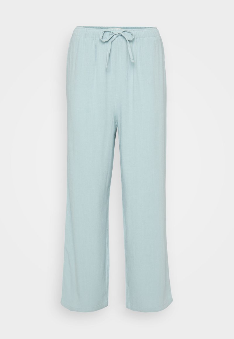 Helle blaue, weit geschnittene Lounge-Hosen mit einem Kordelzugbund. Hergestellt aus einem weichen, atmungsaktiven Stoff mit einer glatten Textur.