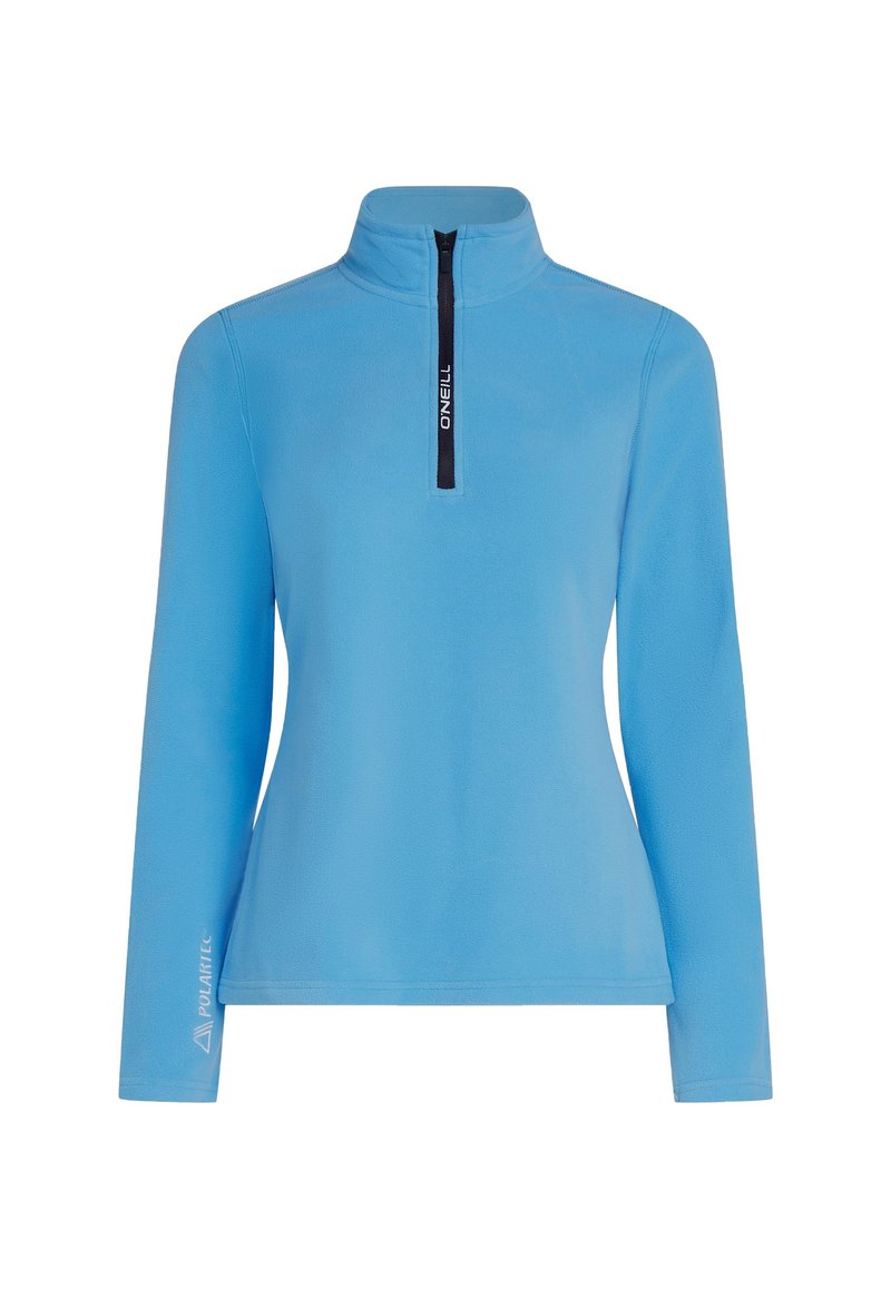 Helles blaues Fleece-Pullover mit einem Halbreißverschluss-Kragen. Verfügt über lange Ärmel und ein Polartec-Logo am linken Ärmel. Glatte Textur.