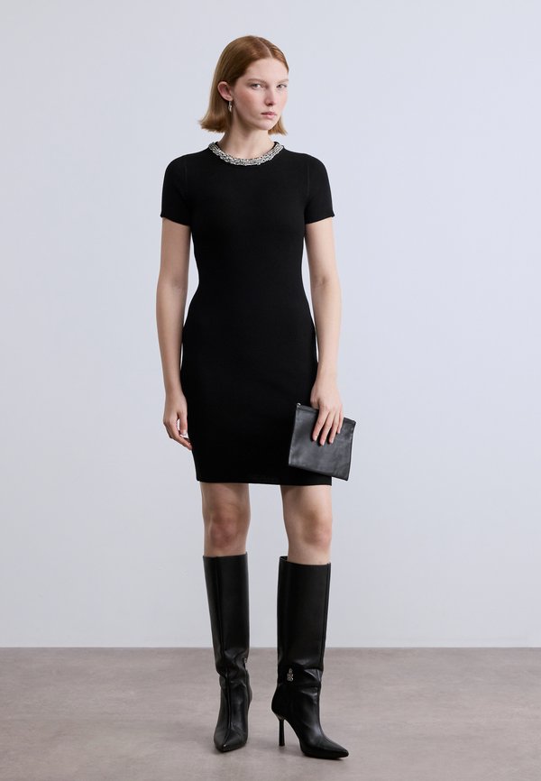 DKNY SHORT SLEEVE CREWNECK SHORT DRESS EMBELLISHED RHINESTONES AT NECKLINE