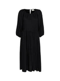 Schwarzes Kleid aus strukturiertem Stoff, mit rundem Ausschnitt, Puffärmeln und einem Schlüsselaugen-Detail am Rücken. Fließende A-Linie Silhouette.