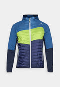 Blaue Kapuzenjacke mit limegrünen und marineblauen gepolsterten Vorderpanelen, durchgehendem weißen Reißverschluss und seitlichen Reißverschlusstaschen.