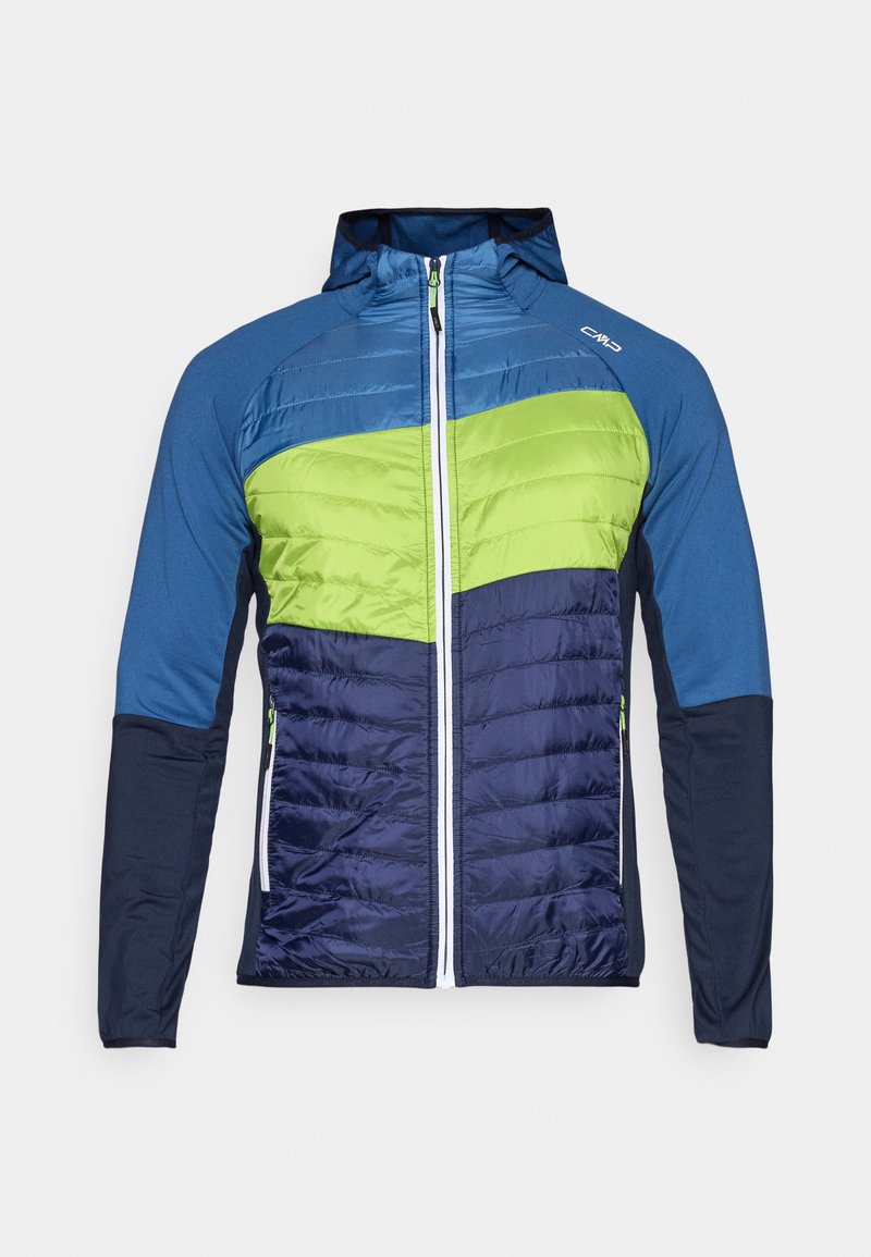 Blaue Kapuzenjacke mit limegrünen und marineblauen gepolsterten Vorderpanelen, durchgehendem weißen Reißverschluss und seitlichen Reißverschlusstaschen.