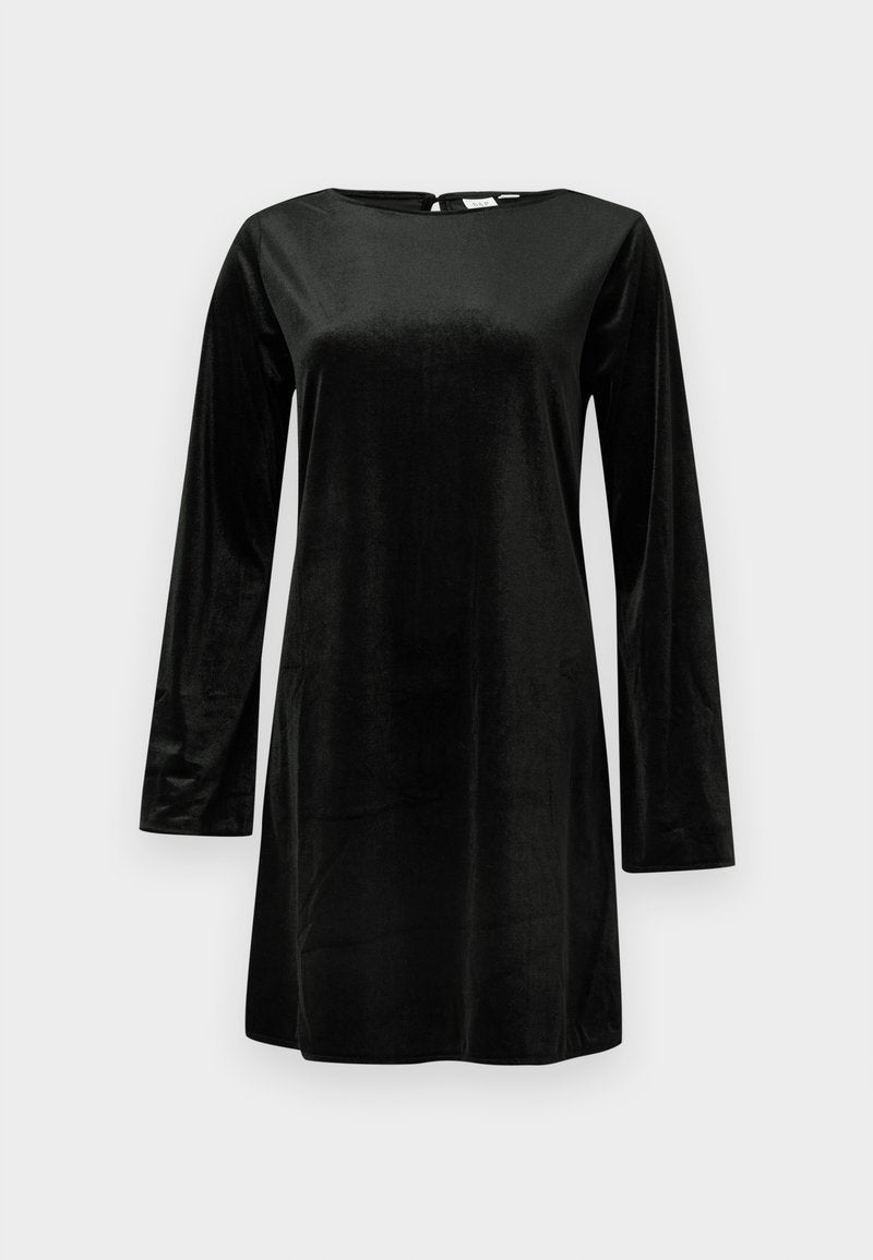 Schwarzes, langärmliges Kleid aus weichem, samtigem Stoff mit rundem Ausschnitt und Rückenverschluss. Schlichte, taillierte A-Linien-Silhouette.