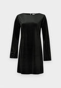 Schwarzes, langärmliges Kleid aus weichem, samtigem Stoff mit rundem Ausschnitt und Rückenverschluss. Schlichte, taillierte A-Linien-Silhouette.