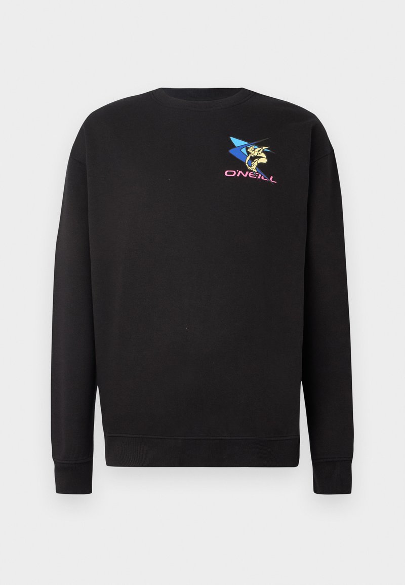 Schwarzer langärmeliger Sweatshirt mit Rundhalsausschnitt und kleinem buntem O'Neill-Logo sowie Grafik auf der linken Brust.
