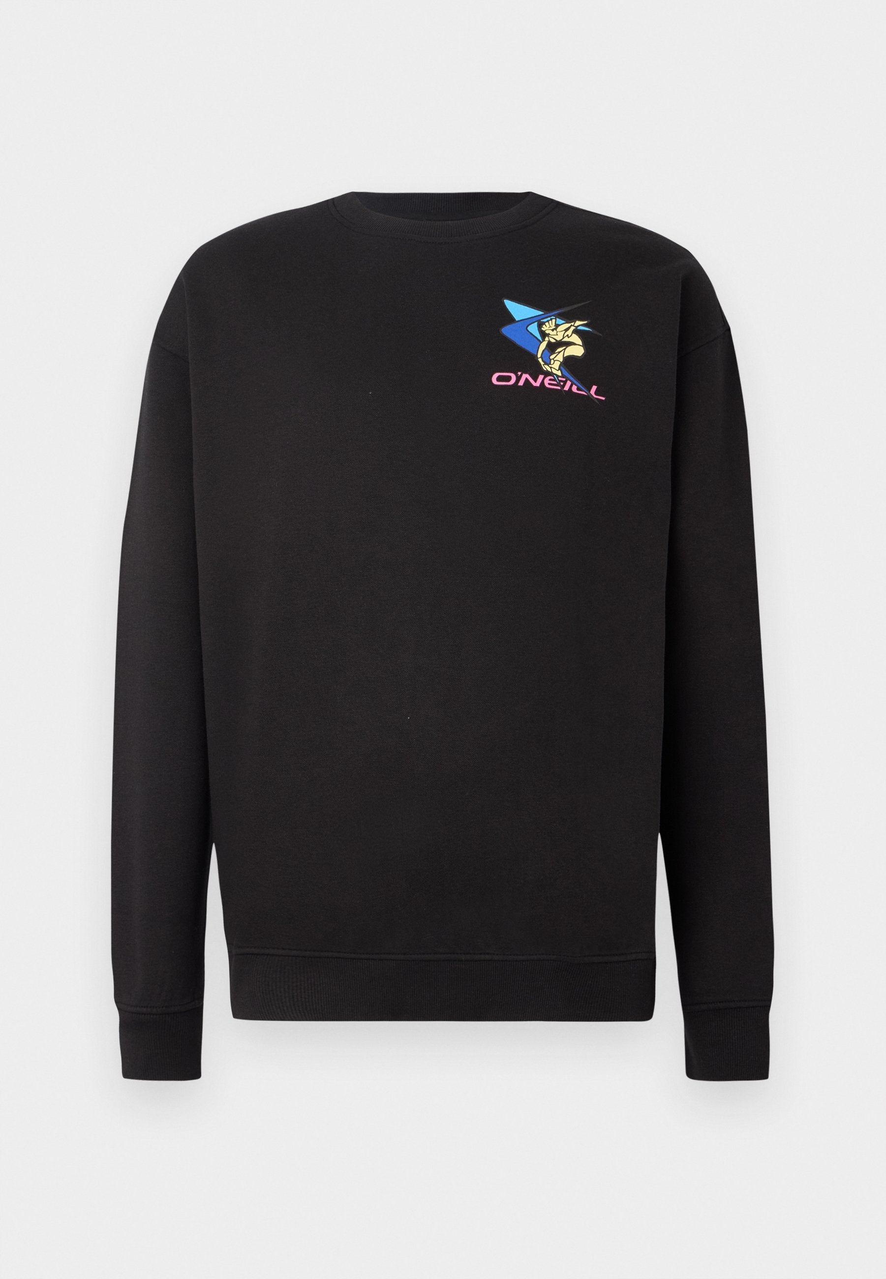 Schwarzer langärmeliger Sweatshirt mit Rundhalsausschnitt und kleinem buntem O'Neill-Logo sowie Grafik auf der linken Brust.