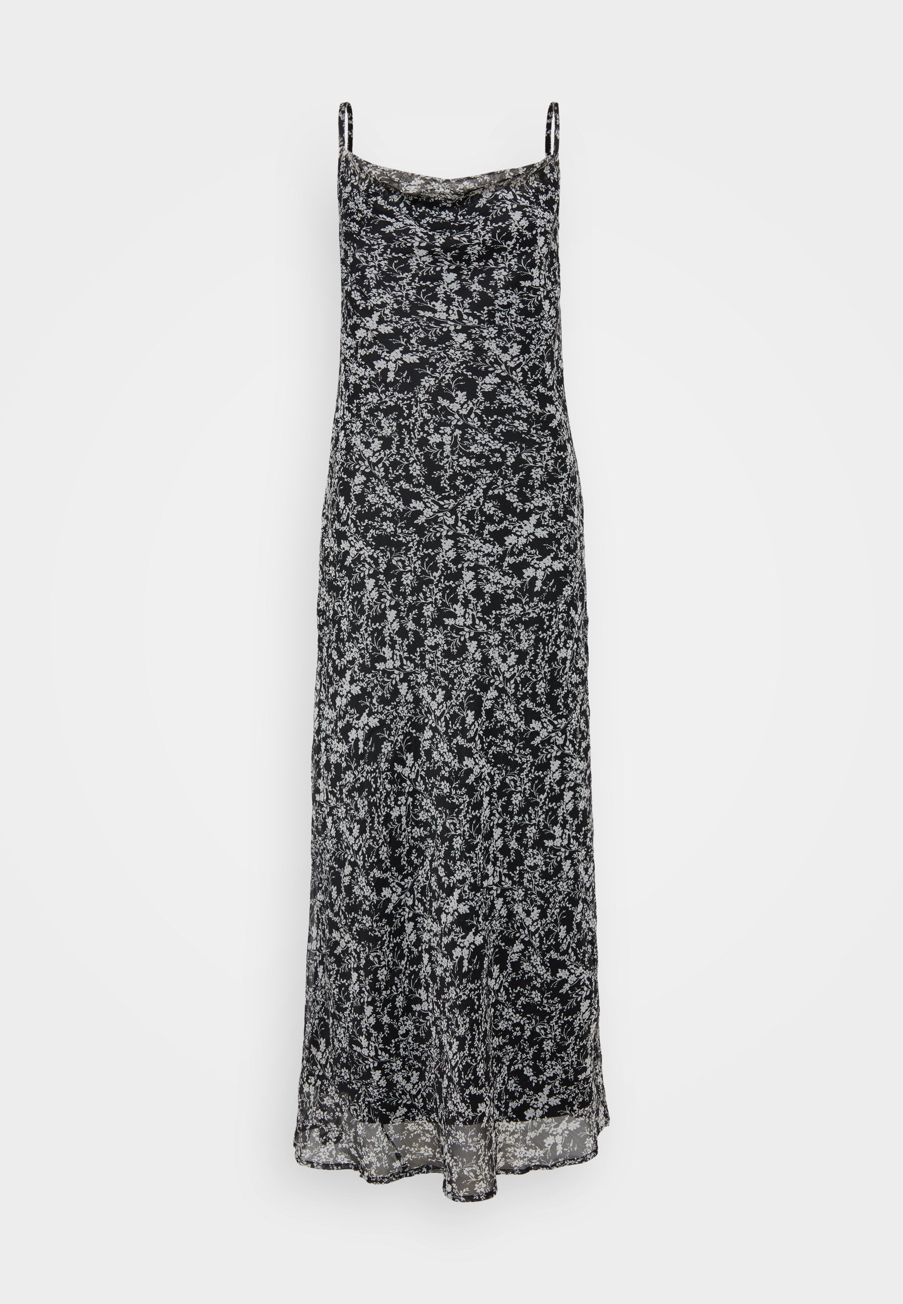 Schwarzes Maxikleid mit dünnen Trägern, das ein florales Muster in Weiß und Grau aufweist, aus leichtem Stoff mit fließender Textur.
