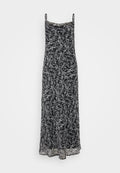 Schwarzes Maxikleid mit dünnen Trägern, das ein florales Muster in Weiß und Grau aufweist, aus leichtem Stoff mit fließender Textur.