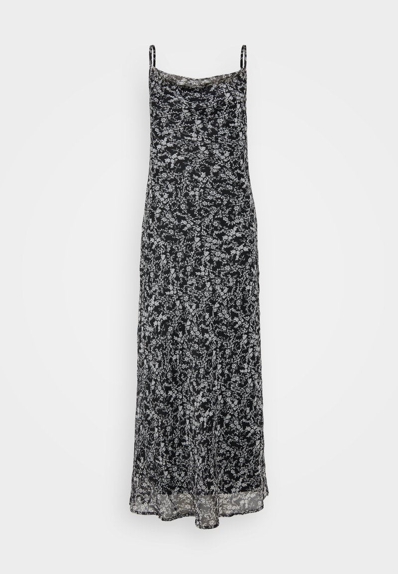Schwarzes Maxikleid mit dünnen Trägern, das ein florales Muster in Weiß und Grau aufweist, aus leichtem Stoff mit fließender Textur.