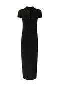 Schwarzes, kurzärmeliges Kleid mit Polokragen und Knopfverschluss. Verfügt über eine taillierte Silhouette und glattes, dehnbares Material.