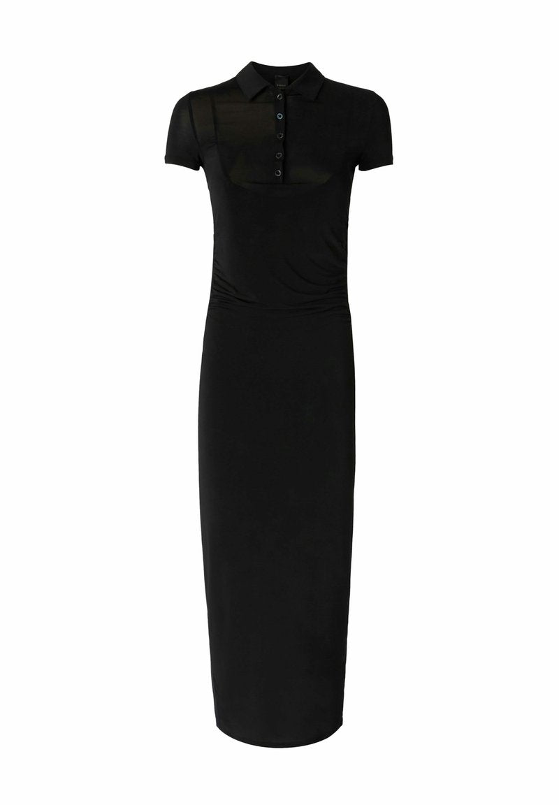 Schwarzes, kurzärmeliges Kleid mit Polokragen und Knopfverschluss. Verfügt über eine taillierte Silhouette und glattes, dehnbares Material.