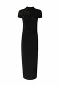 Schwarzes, kurzärmeliges Kleid mit Polokragen und Knopfverschluss. Verfügt über eine taillierte Silhouette und glattes, dehnbares Material.