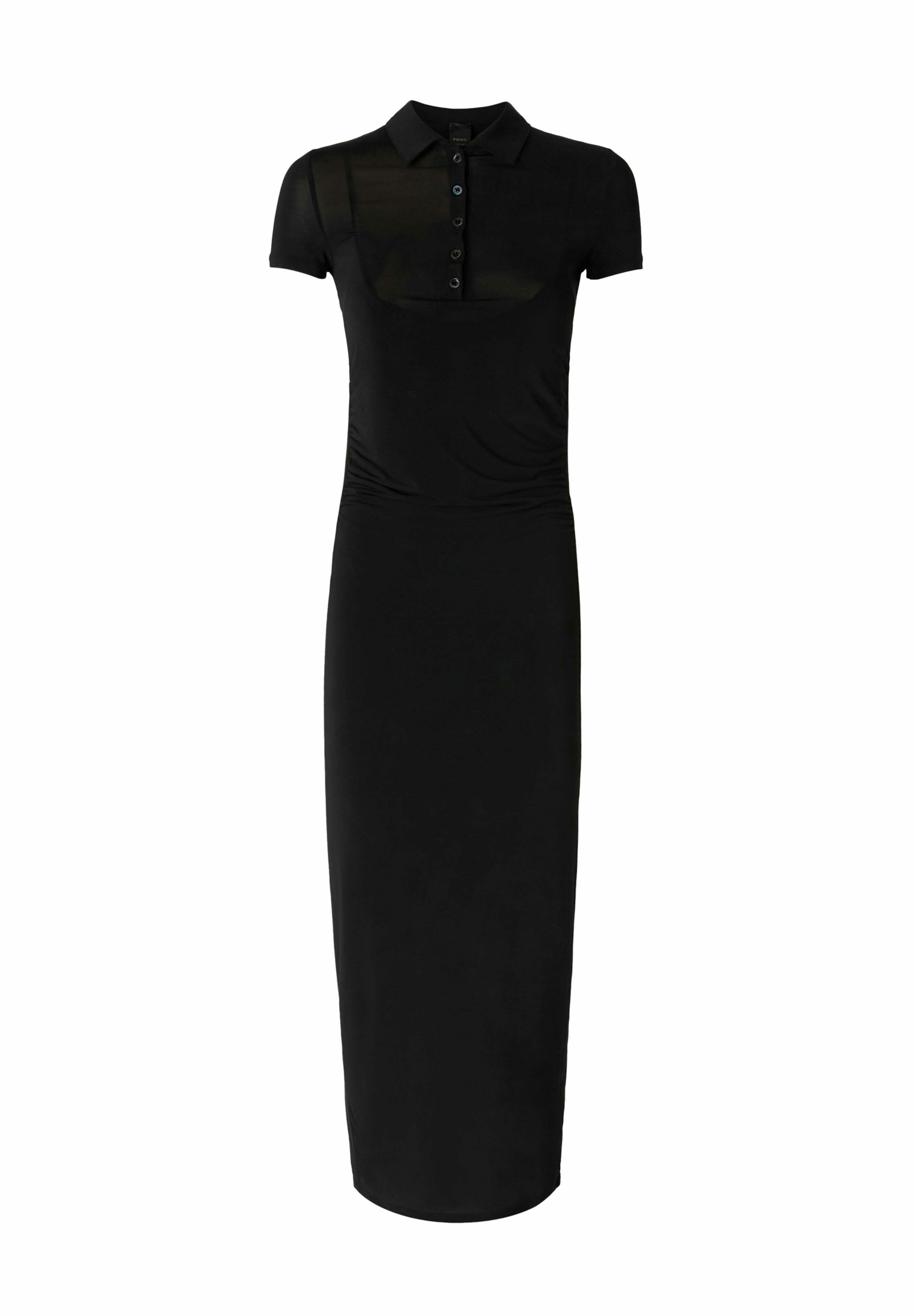 Schwarzes, kurzärmeliges Kleid mit Polokragen und Knopfverschluss. Verfügt über eine taillierte Silhouette und glattes, dehnbares Material.
