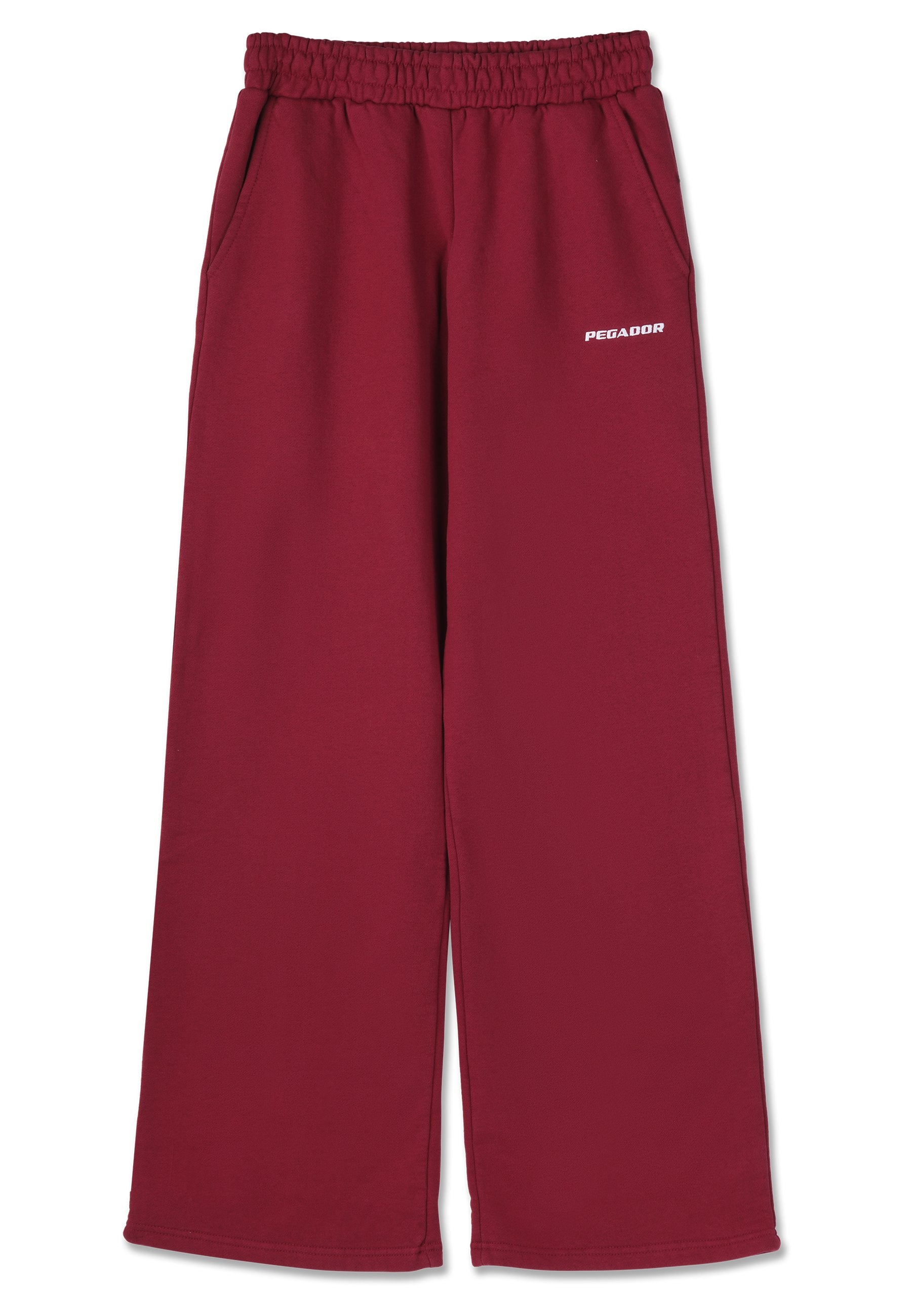 Burgunderfarbene Sweatpants mit weitem Bein, elastischem Bund, seitlichen Taschen und dem in Weiß gestickten "PEGADOR"-Logo nahe dem Bund.