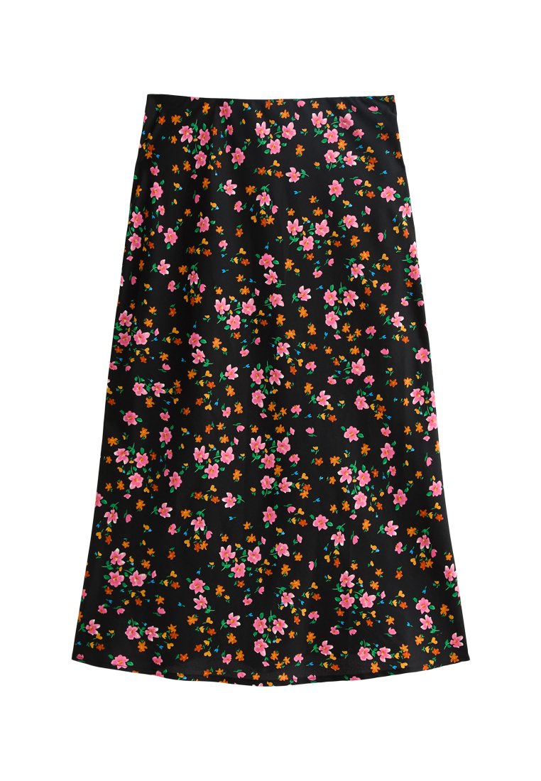 Schwarzer Blumenrock mit glatter Textur, der mit kleinen rosa und orangen Blumen durch das Gewebe verziert ist. Knie-langer Schnitt.