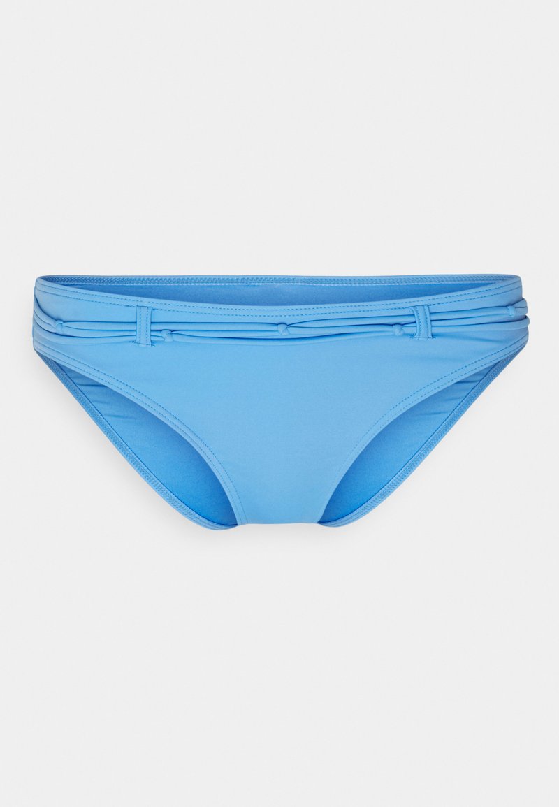 Blaue Bikinihose aus glattem, dehnbarem Stoff. Hat einen breiten Bund mit Raffung und seitlichen Details, die eine enganliegende Silhouette bieten.