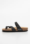 Schwarze Korksandalen mit zwei synthetischen Riemen, verstellbarem Schnallenverschluss, strukturiertem Fußbett und Gummisohle. "BAYTON"-Logo auf der Seite gedruckt.