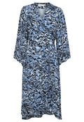 Blaues, schwarzes und weißes, abstraktes gemustertes Wrap-Kleid mit langen, gepufften Ärmeln und einem Stoffgürtel in der Taille.