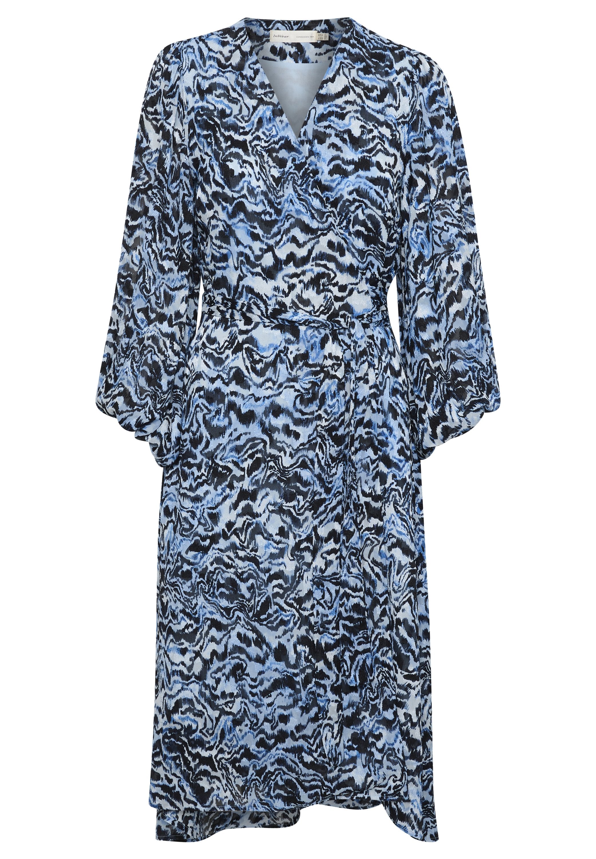 Blaues, schwarzes und weißes, abstraktes gemustertes Wrap-Kleid mit langen, gepufften Ärmeln und einem Stoffgürtel in der Taille.