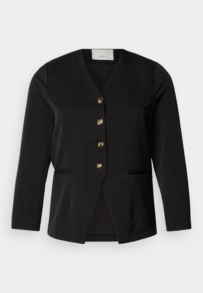 Schwarzer Blazer mit V-Ausschnitt, einreihigem Design, fünf goldenen Knöpfen und Seitentaschen. Hergestellt aus glattem Stoff mit leichter Textur.