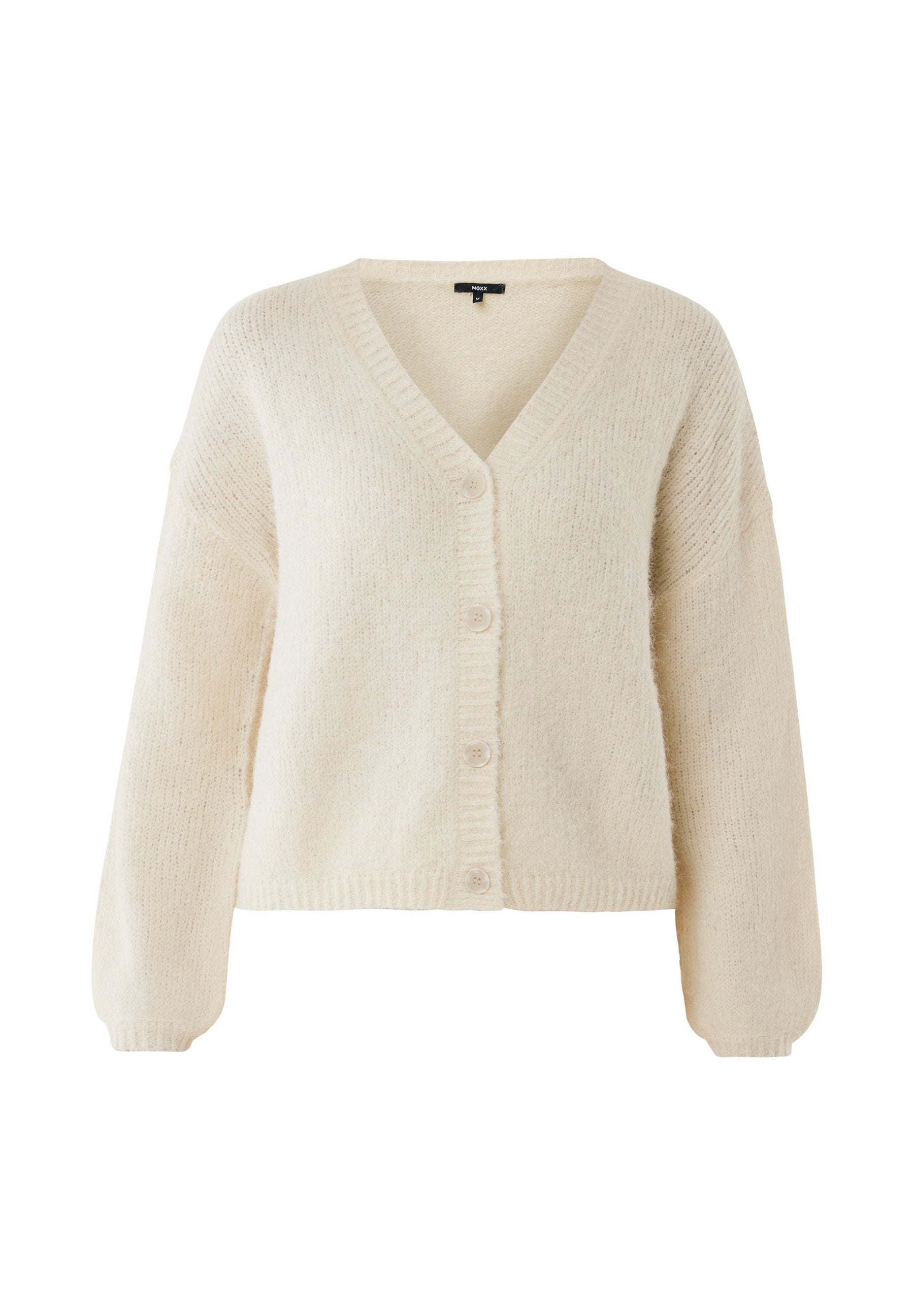 Cremfarbener Strickcardigan mit V-Ausschnitt, langen Ärmeln und fünf Knopfverschluss. Weicher Stoff und gerippte Kanten. Keine Muster oder zusätzlichen Akzente.