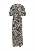 Maxikleid aus Jersey-Stoff mit einem schwarz-weißen Zebra-Muster, kurzen Ärmeln, einem V-Ausschnitt und einem Kordelzug in der Taille.