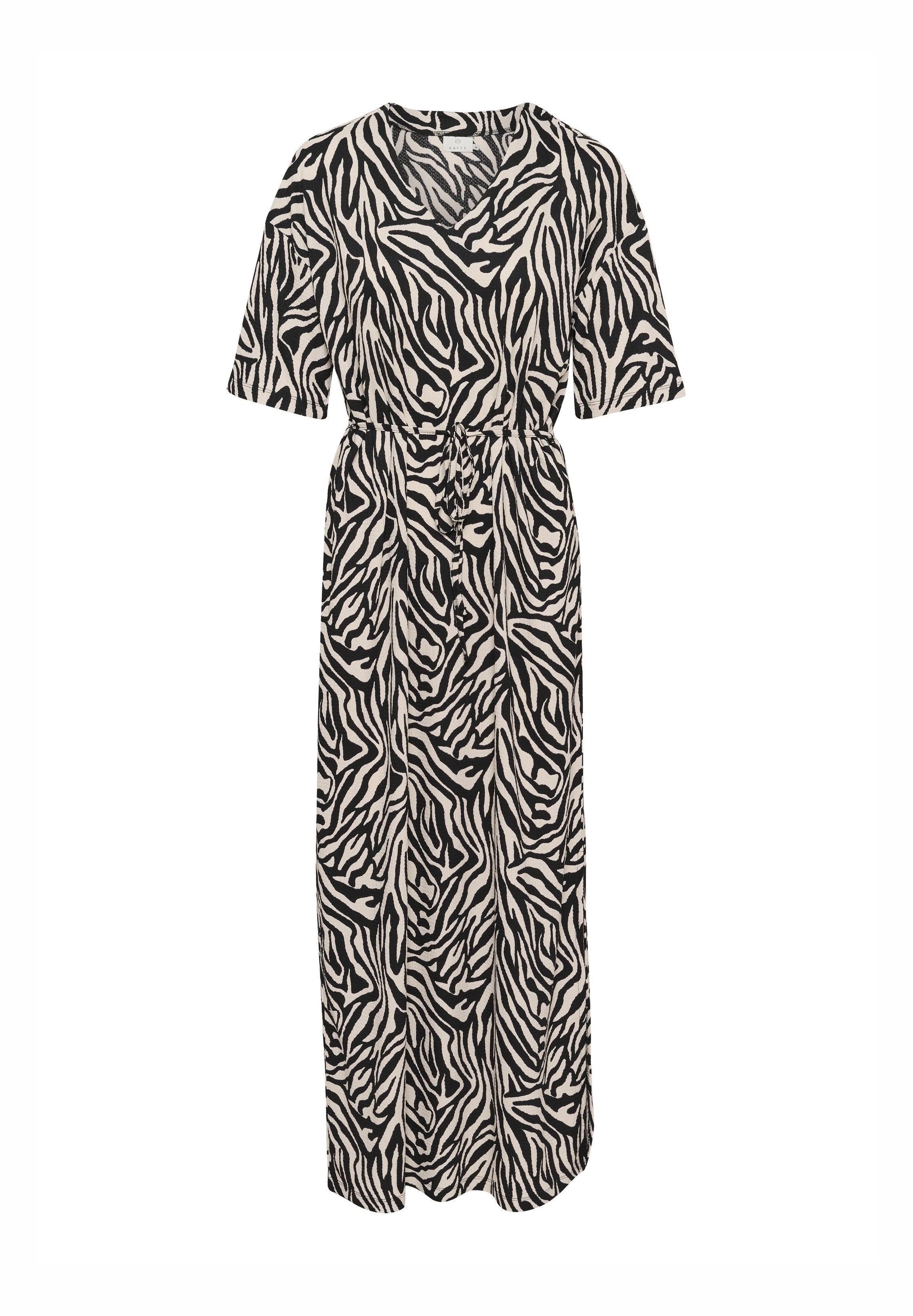 Maxikleid aus Jersey-Stoff mit einem schwarz-weißen Zebra-Muster, kurzen Ärmeln, einem V-Ausschnitt und einem Kordelzug in der Taille.