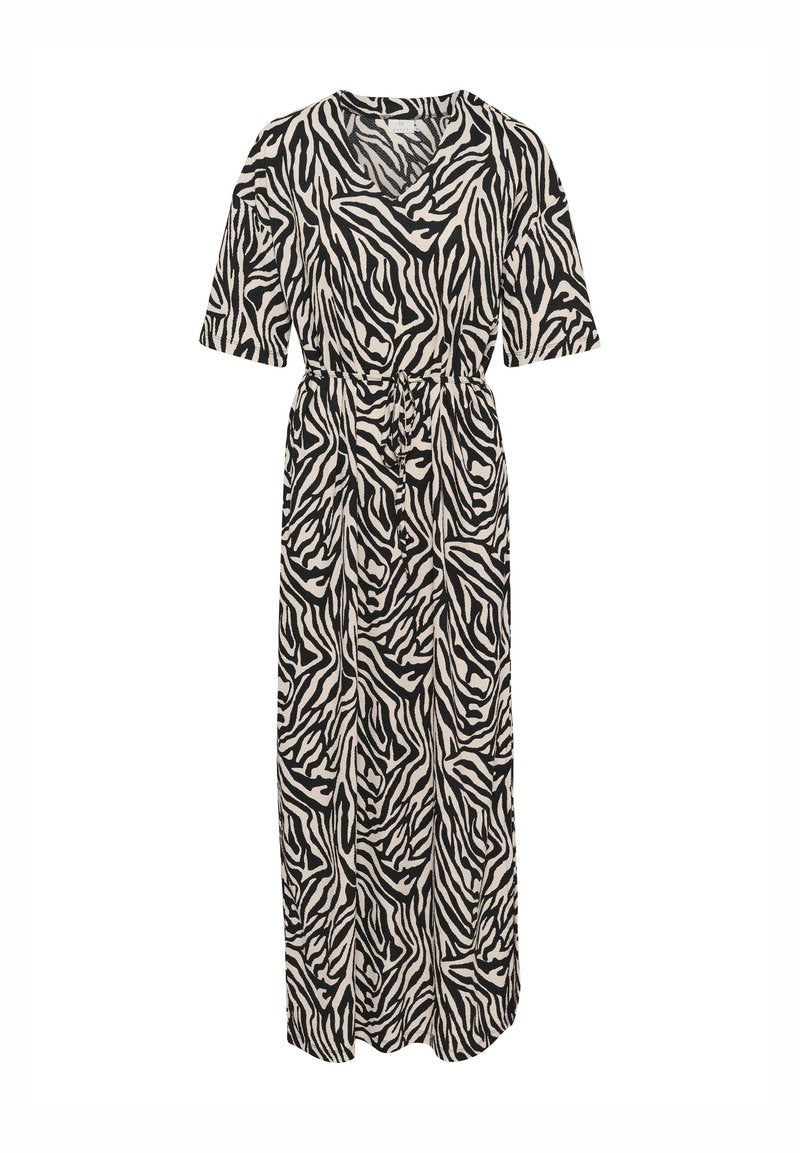 Maxikleid aus Jersey-Stoff mit einem schwarz-weißen Zebra-Muster, kurzen Ärmeln, einem V-Ausschnitt und einem Kordelzug in der Taille.