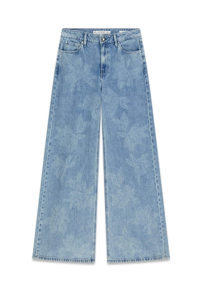 Hellblaue Jeans mit weitem Bein aus Denim, mit einem dezenten Blattmuster, Vordertaschen und einem Knopfverschluss am Bund.