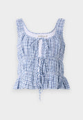 Blau-weißer kariertes Cropped-Top aus leichtem Stoff. Mit runder Ausschnitt, verstellbarem Bindeband und gerafften Texturen.