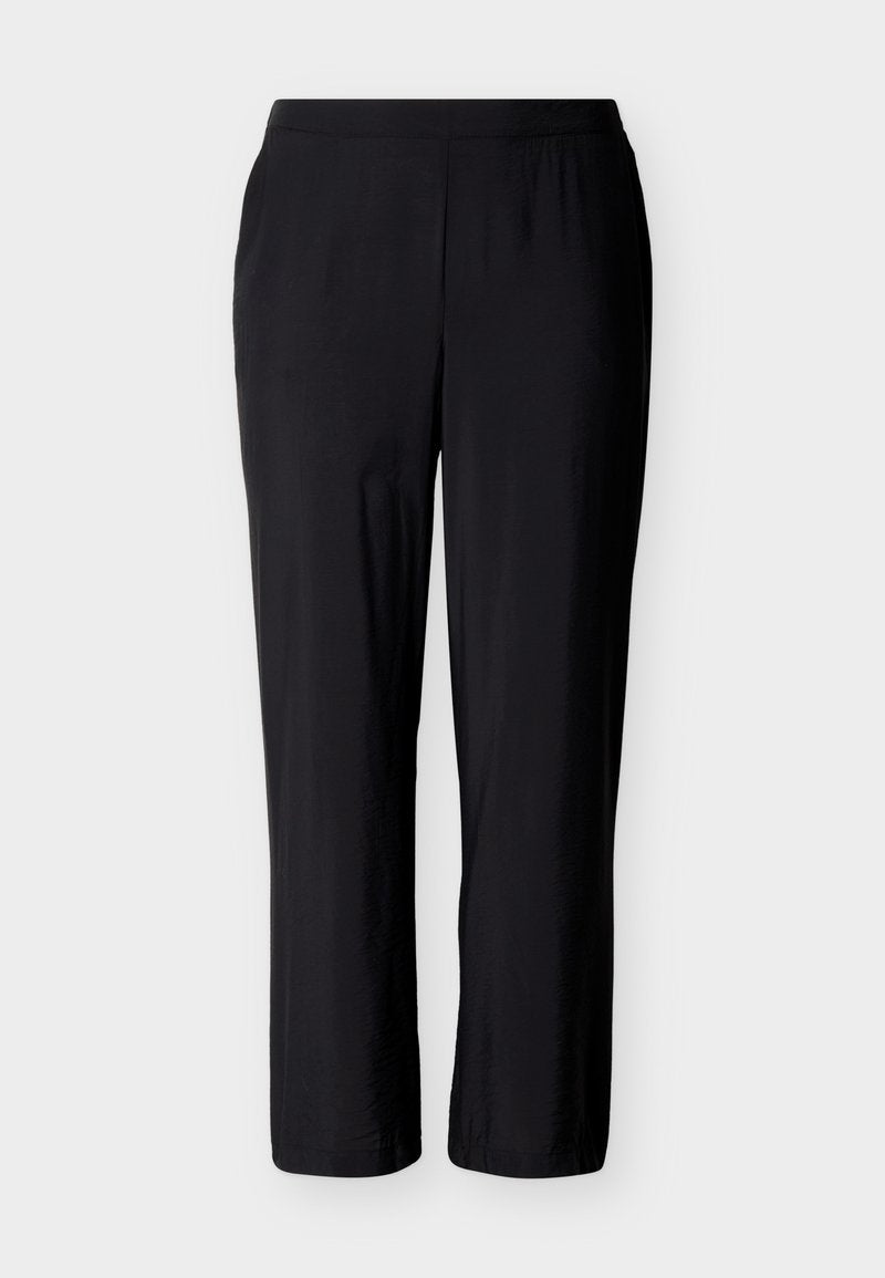 Schwarze, leichte, verkürzte Hose mit glatter Textur und elastischem Bund, mit geradem Bein und ohne sichtbare Verschlüsse.