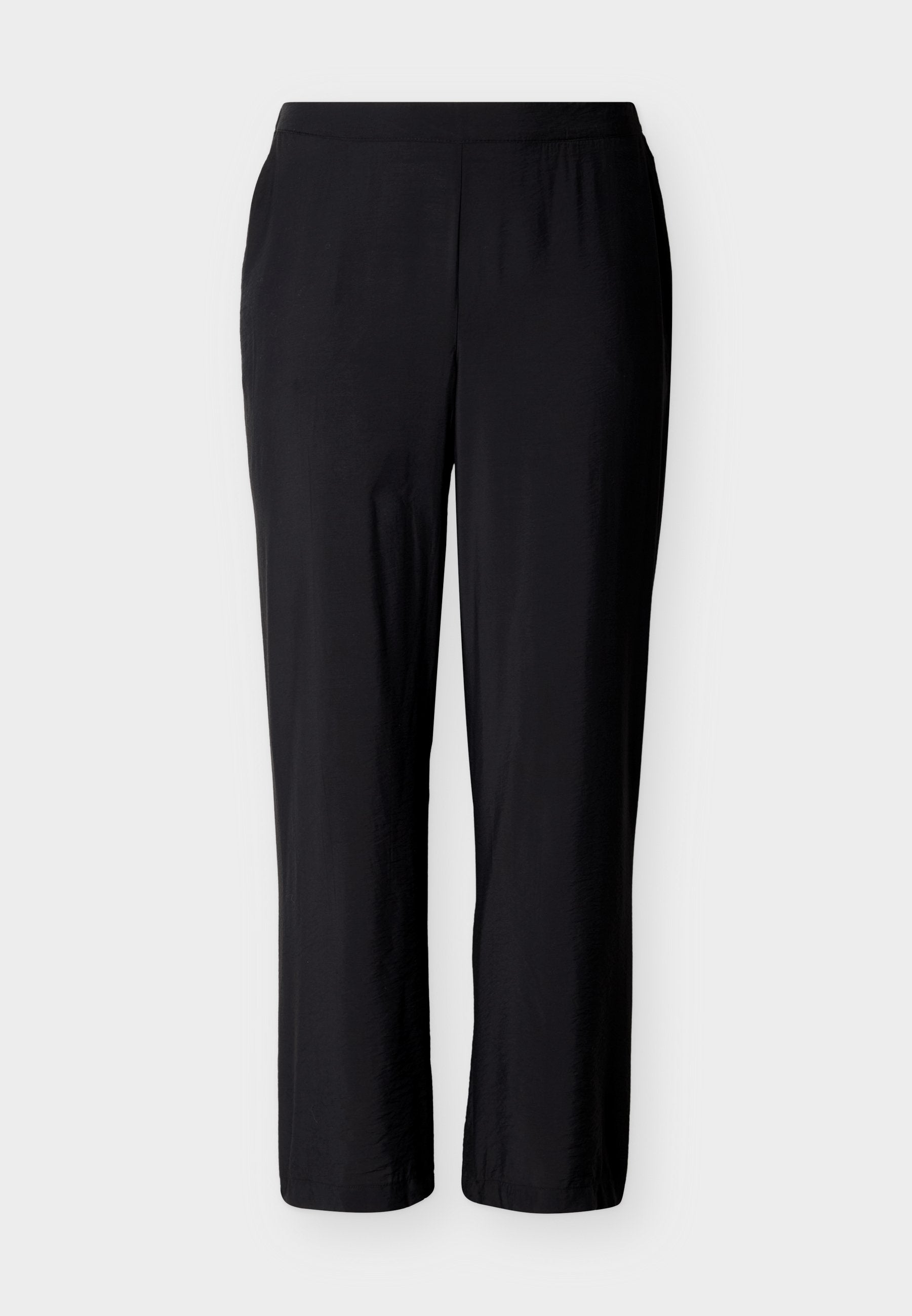 Schwarze, leichte, verkürzte Hose mit glatter Textur und elastischem Bund, mit geradem Bein und ohne sichtbare Verschlüsse.