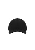 Schwarze Baseballkappe mit gebogenem Schirm, aus glattem Stoff, mit sechsteiligem Design und einem Knopf oben zur Formgebung.