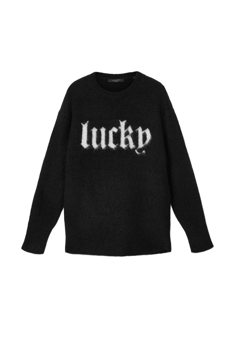 Schwarzer Pullover mit weicher Textur, der das Wort "lucky" in weißer, flauschiger Schrift auf der Vorderseite zeigt. Rundhalsausschnitt und lange Ärmel.