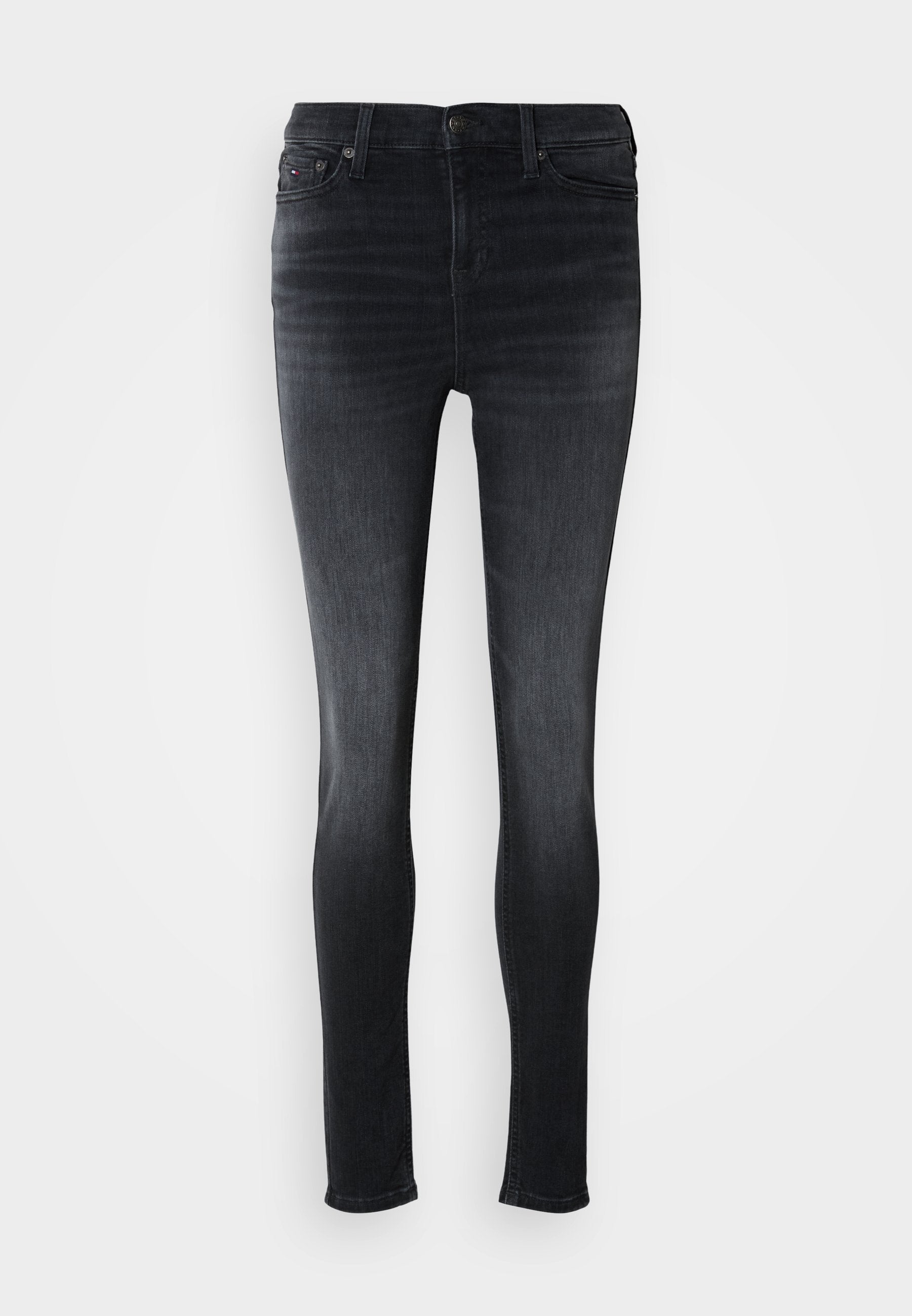 Dünne Jeans aus dunklem Denim, mit einem klassischen Fünf-Taschen-Design und einem dezenten Farbverlauf. Metalldruckknopfverschluss und Kontrastnähte.