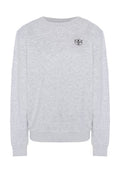 Hellgraues Sweatshirt mit langen Ärmeln und Rundhalsausschnitt, mit gerippten Bündchen und Saum, mit einem kleinen schwarzen, runden Logo mit Text auf der linken Brust.