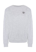 Hellgraues Sweatshirt mit langen Ärmeln und Rundhalsausschnitt, mit gerippten Bündchen und Saum, mit einem kleinen schwarzen, runden Logo mit Text auf der linken Brust.