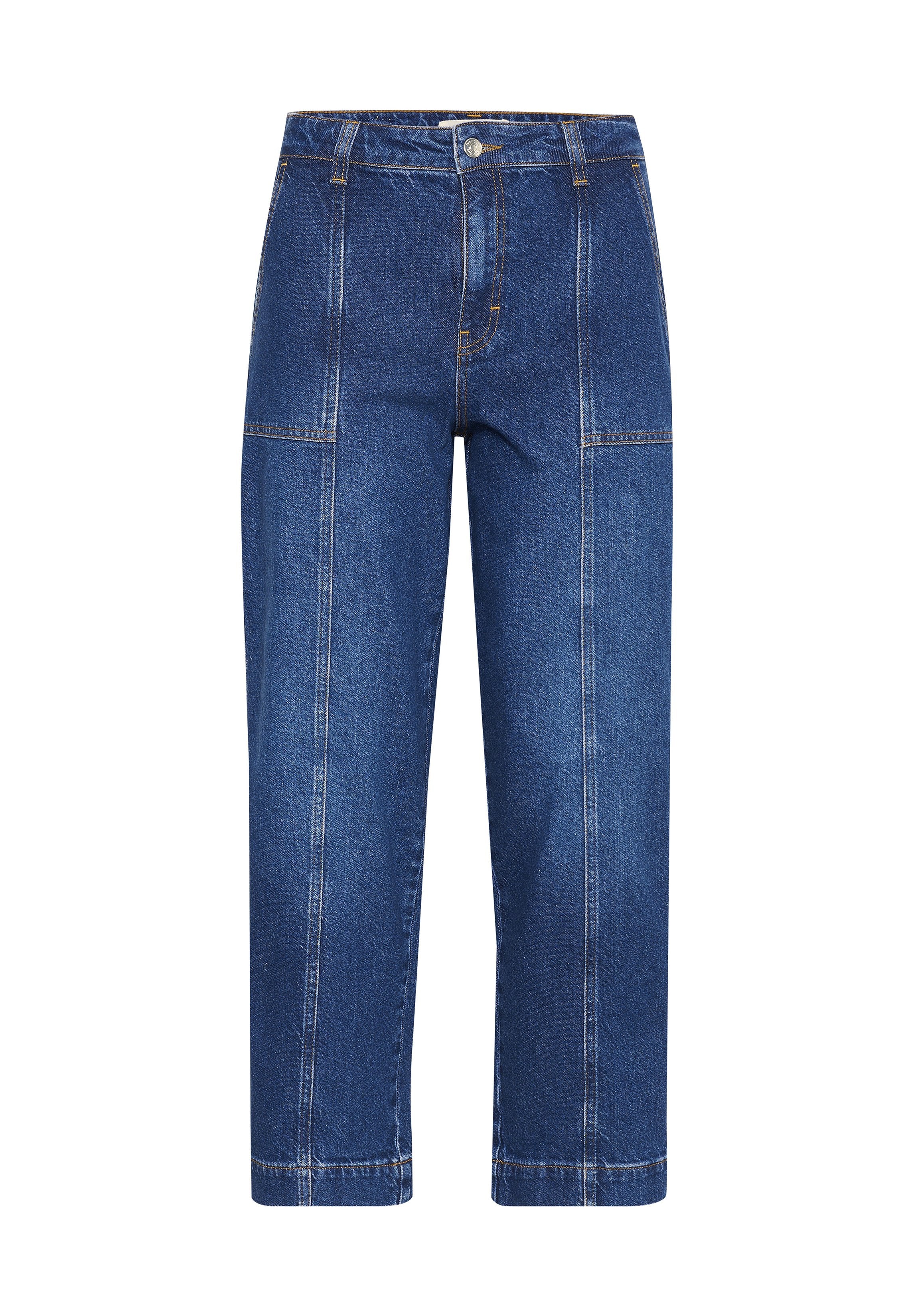Dunkelblaue Jeanshose mit geraden Beinen, mit Knopfverschluss, Fronttaschen, kontrastierenden gelben Nähten und verkürzter Länge.
